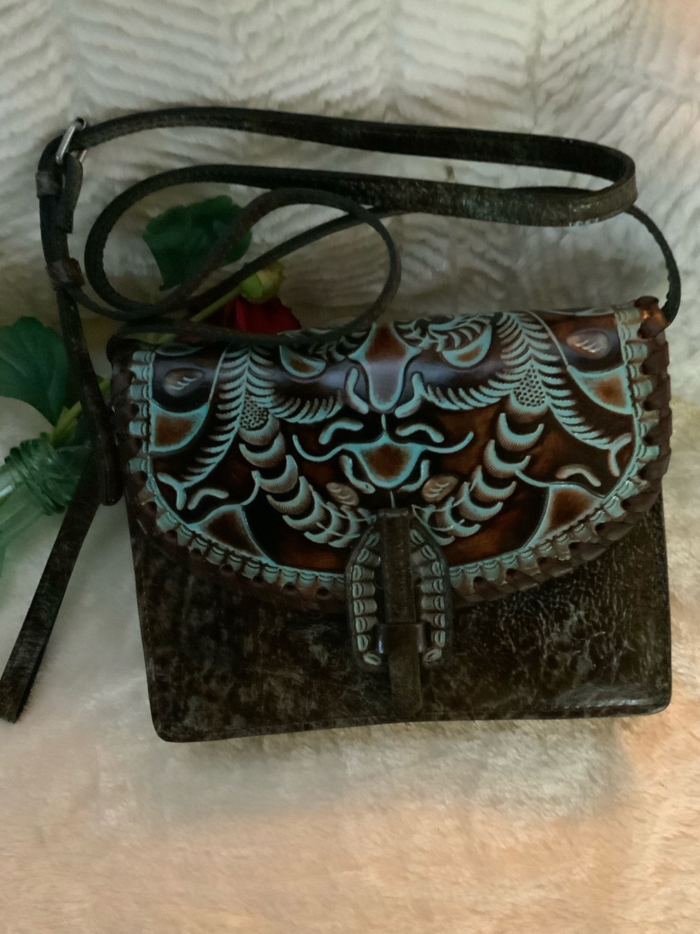 Patricia Nash Handcrafted Tooled Leather Crossbody/Bag in Brown and Turquoise